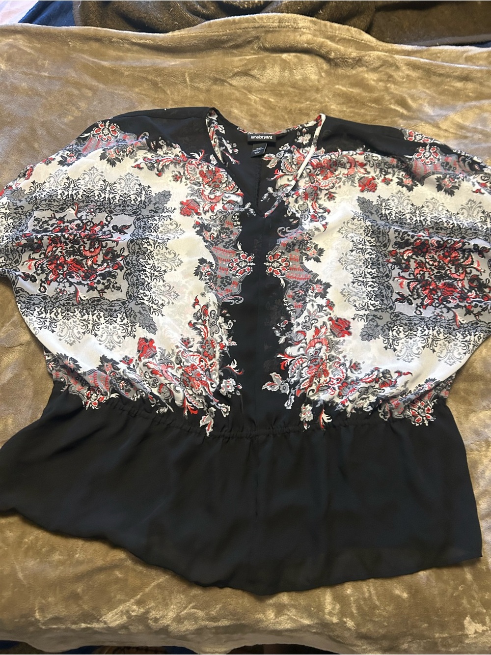 Lane Bryant Black Floral Print Blouse with Red and Gray Accents